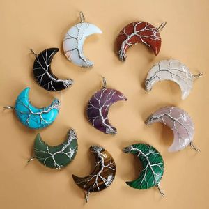 Tree of life Crescent Moon Shape Pendant Silvertone Wire Wrap Natural Gemstones Healing Crystal stone Reiki Women Necklace