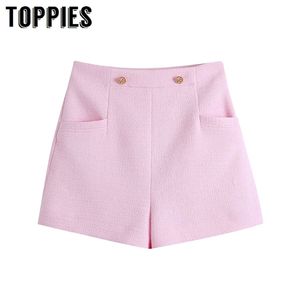 Calções cor-de-rosa mulheres tweed botons Calças curtas Doce 210421