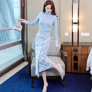 Slim Sweater Skirt Two Piece Dress Women Autumn Winter Turtleneck Knitted Top + Plaid Suit Office Lady Matching