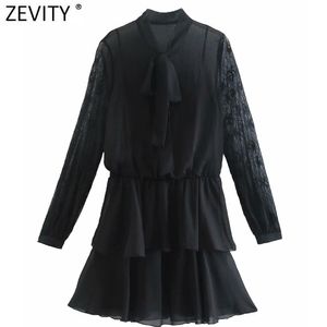 Kvinnor Elegant Lace Sleeve Patchwork Cascading Ruffle Black Mini Dress Chic Kvinna Bow Bundet Casual Vestido DS4972 210416