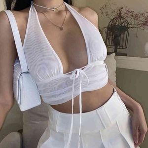 Tül Şeffaf Lace Up Halter Tank Tops Kadın Yaz Seksi Backless Strappy Beyaz Kırpma Tops Plaj Derin V Boyun Camiş 210415