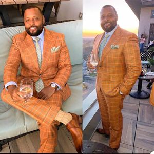 Unique Orange Check Celebrity Mens Customized Wedding Tuxedos Plus Size Men Wear Dinner Prom Party Blazer Jacket Pants