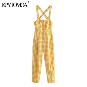 Women Chic Fashion With Buttons Side Pockets Check Jumpsuits Backless Wide Straps Female Playsuits Mujer 210420