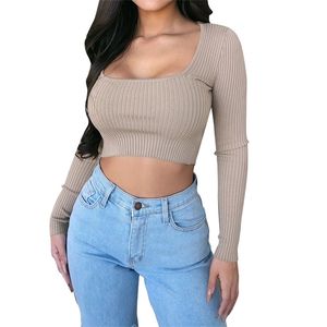 Sexig Skinny Women Short T-shirt Fashion Solid Square Collar Långärmad Kvinnlig Grödor Höst Vinter Rib Stickad Khaki Tshirts 210522