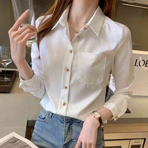 Summer Womens White Plain Simple One Pocket Shirt Long Sleeve Chiffon Blouse Spring Office Lady Buttons Tops Clothing 210416