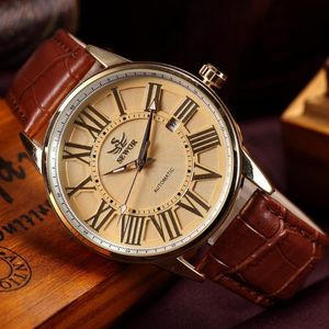 Män Mekanisk Hand Vindklocka Retro Guld Romerska siffror Brun Läderrem Klocka Man Casual Automatiska Armbandsur