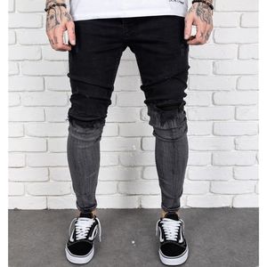 Heren casual mode persoonlijkheid jeans gradiënt zwart grijs contrast kleur gescheurde gaten gewassen denim broek