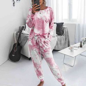 Impressão de moda outono inverno conjuntos roupas senhoras casual casa desgaste de mangas compridas camisa feminina ternos de duas peças set top e calças 210514