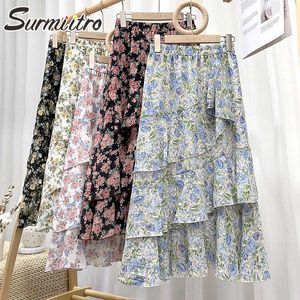 Surmiitro Spring Summer Midiスカート女性韓国風シフォン花のフリルサンスクールハイウエストAラインスカート女性210712