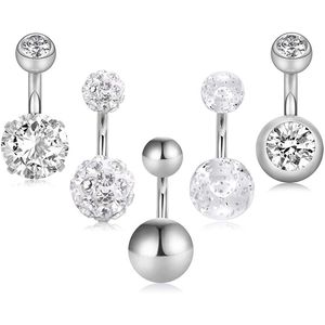 5 st 6mm Short Belly Knapp Rostfritt Stål Petite Navel Ringar 5 Stil för Kvinnor Flickor 14g Kroppspiercing