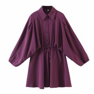 Causal Women Purple Turn Down Collar Dress Moda Damska Luźne Drawing Dresses Streetwear Kobieta Chic Mini Vestidos 210427