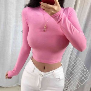 South Korea short T-shirt Spring Solid sexy Slim Fit skinny Tee Women Casual Long Sleeve Tshirt Tops female girls t shirt 210417