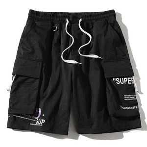 Männer Arbeitskleidung Shorts Große Taschen Baumwolle Schwarz Elastische Taille Brief Gedruckt Kleidung Sommer Mode Fünf-Punkte Hosen 2021 Neue x0705