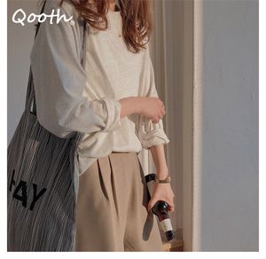 Qooth All Match O-Neck Causal Solid Shirt Spring Loose Thin Long-Sleeved Shirt Womens Pullover Straight Office Lady Tops QT654 210518