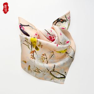 Kinesisk stil naturlig halsduk kvinnor tryckta blommor och fåglar 100% riktiga silke halsdukar 50cm liten fyrkantig huvudband wrap lady present