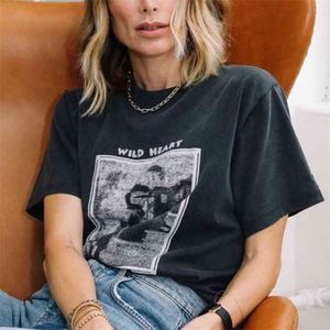 Wild Heart Faded Tees Frauen Sommer Kurzarm O Hals Baumwolle Shirts T-Shirt Casual Vintage Classic Washed Black T-shirt Top 210720