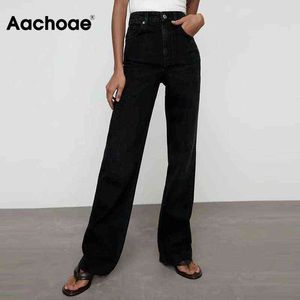 Aachoae Frauen Einfarbig 100% Baumwolle Volle Länge Jeans Streetwear Hohe Taille Zipper Fly Cowboy Hosen Weibliche Denim Hosen 211129