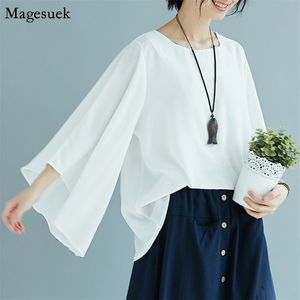 Camicetta da donna in lino di cotone semplice moda coreana taglie forti bianche maniche svasate irregolari camicie larghe 9426 210512