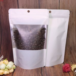 14x21 cm (5,5x8,25 pollici) bianco opaco / nero chiusura frontale trasparente con chiusura a zip Stand Up Pouches Hang Hole Coffee Bean Food Storage Bags 100pcsgoods