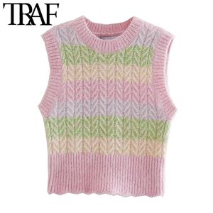 TRAF Women Sweet Fashion With Ribbed Trims Striped Vest Sweater Vintage O Neck Sleeveless Female Waistcoat Chic Tops 210415