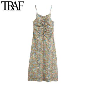 TRAF女性シックなファッションプリントドレープドレープドレスヴィンテージホルターネックバックレスジッパーメスドレスVestidos Mujer 210415