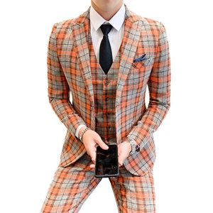 (Jacken + Weste + Hosen) Neue Mode Boutique Plaid Herren Casual Business Anzug Bräutigam Hochzeit Kleid Anzug 3 stücke Set Männlichen Blazer x0909