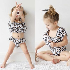 Meninas da criança Leopard Banhando Terno para Bebê Baby Ruffles Swimwear Vestuário de Férias de Verão 210529