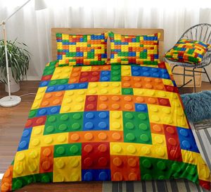 Toy Print Bedding Set Dot Building Blocks Comforter Cover Kids Boy Bed Colorful Bricks Game Bedlinen Duvet 210615