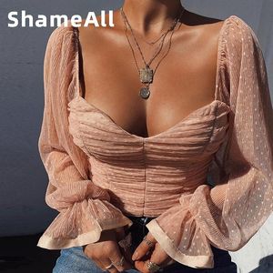 Wholesale sweetheart necklines for sale - Group buy Women s Blouses Shirts Full Long Sleeve Tops Blouse Women Mesh Polka Dot Sweetheart Neckline Puff Ruched Top Off Shoulder Vintage Shirt