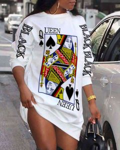Primavera Autunno Donna Plus Size Mini abito casual Nuovo Femme Poker Lettera Stampa manica lunga Abbigliamento O-Collo Abito con cappuccio 210415