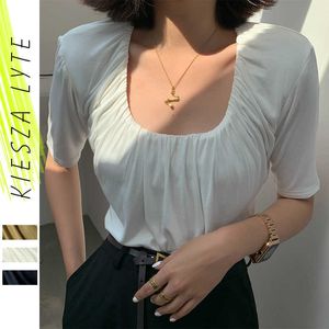 Women T Shirt Korean Chic Square Collar Green Black White Female Short Top Summer Casual Slim Fit Fold Ladies Tees 210608