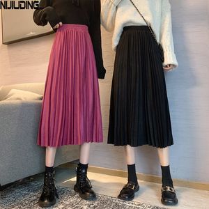 Women Pleated Suede Leather Long Skirts Winter Elastic High Waist Casual A-Line Mid Length Skirt Female Mujer Faldas 210514