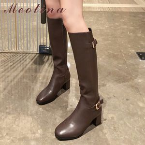 Knee High Boots Women Shoes Buckle Real Leather Heel Long Square Toe Thick Heels Zipper Ladies Black 40 210517