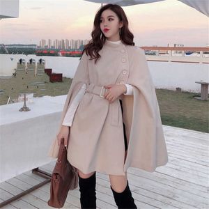 Korean High Quality Style Solid Color Cape Poncho Coat Women Autumn Elegant Collect Waist Woolen Mid-length Coat Z552 210930