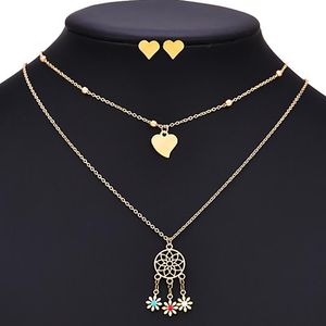 Earrings & Necklace ZHINI Exaggerate Gothic Double Layer Gold Chain Statement Simple Titanium Steel Heart Stud Earring Jewelry Set Gift