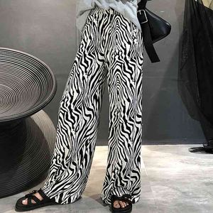 Drukowane wzór zebry kobiety spodnie wiosna lato styl koreański zebra-stripe luźne dorywczo szeroką nogę 180g 210420
