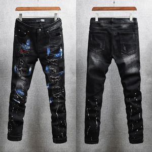 20s de alta qualidade mens designer homens jeans angustiado itália estilo motocicleta motocicleta jeans calças rocha rasgado furo furo famosa marca hip hop jean