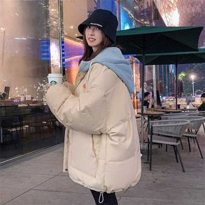 Brödjacka Kvinnor Korta Down Bomull Kvinnors Parker Coat Camera Mujer Koreanska Loose Winter Fake Two-Piece Hooded Tops 211108