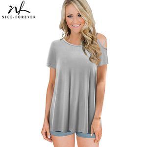 Nice-forever Summer Women Fashion Cold Shoulder T-shirts Casual Oversized Tees tops btyT051 210419