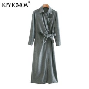 Women Fashion With Pockets Knotted Midi Dress Vintage Long Sleeve Button-up Female Dresses Vestidos Mujer 210416