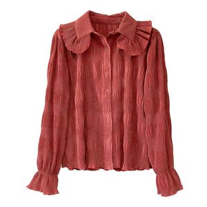 Kanske dina kvinnor Peter Pan Collar Chiffon Blouse Shirt Långärmad Ruffle Söt Solid Röd Vit B0444 210529