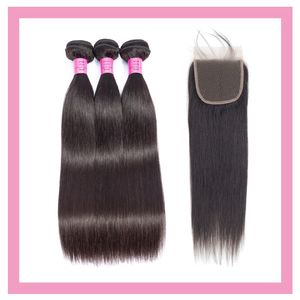 Malaysian 5x5 Lace Closure Straight 100% Human Hair 3 Bundles With 5*5 Closures Free Middle Three Part Double Wefts