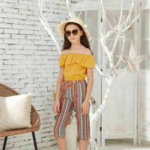 Summer Pretty Solid Flounced Collar Top and Striped Pants Set Kids Girl Sets Suits Short-Sleeve T-shirt Clothes 210528