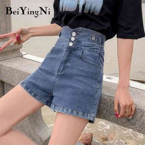 Jeans a vita alta Bottoni sottili sexy femminili lavati Classic Casual Vintage Kpop Chic Club Pantaloncini di jeans per ragazze Cowboys 210506