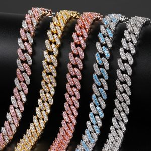 9mm Baby Blue Silver Color Iced Out Tennis Cuban Link Chain Necklace Prong Cubic Zirconia Miami Bling Curb Chains Fashion Rock Punk Hip Hop Jewelry Gift for Men Women