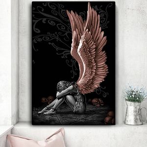 Angels And Demons Canvas Painting Gray Character wings Skull Posters Print Scandinavian Cuadros Wall Art Picture for Living Room