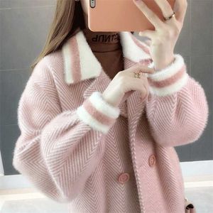 Fashion Double Breasted Spring Coat Women Sweater Knitted Mink Jacket Women's Short Section Pretty Herringbone Woolen Jacket 211007