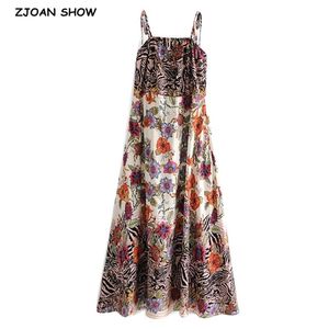 Bohemia Contrast color Flower Print Tied Bow Spaghetti Strap Dress Back Elastic BOHO Woman Sling Midi Long Dresses Beach 210429