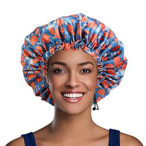 Şık Çiçek Baskı Ayarlanabilir Çift Katmanlı Kadın Saten Bonnet Bayan Uyku Gece Cap Headwrap Saç Kapaklar Için Sıkı Bant Şapka