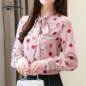 Blusas mujer de moda Herbst Mode Chiffon Blusen Rosa Dot Frauen Tops Langarm Bogen Kleidung Büro Dame 5561 50 210427